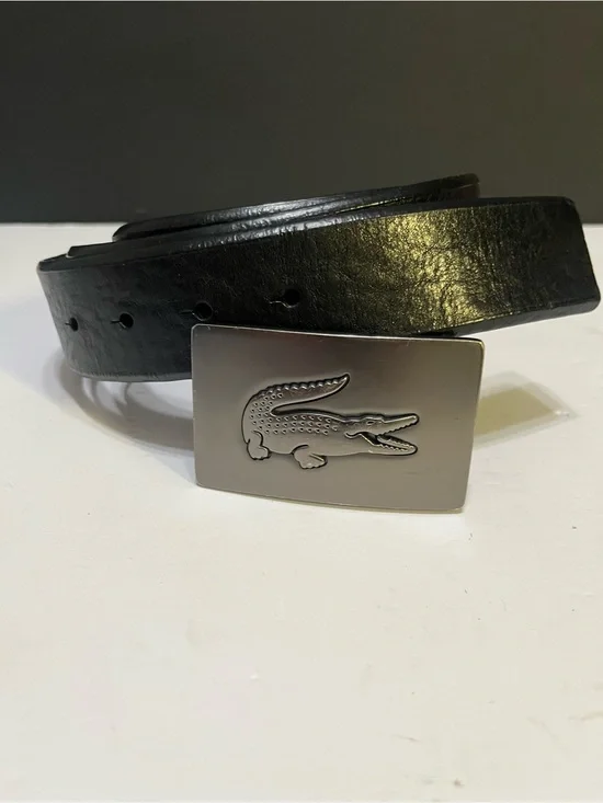 Lacoste Black Leather Belt with Silver Croc Plaque Buckle