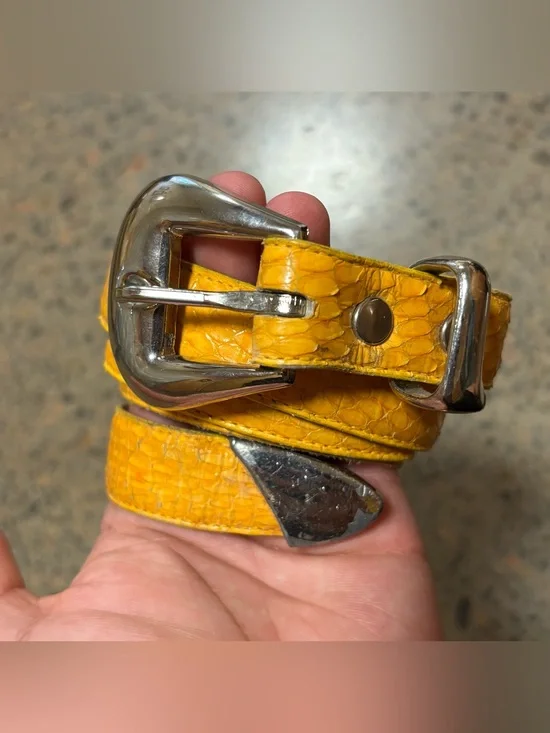 Vintage MZ Of York Snakeskin Belt (43.5” Long) New York, Leather, Yellow, Silver