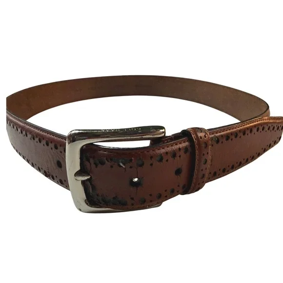 Cole Haan Leather Brogue Belt Mens 36 Brown Perforated Wingtip