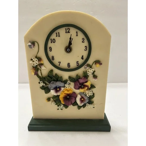 Vintage Artisan Fare Inc. Desk Clock Pansy Collection Ceramic Hand Painted 3D 8