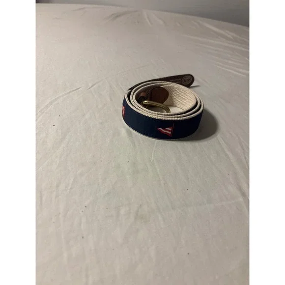 Leather Man Ltd Nautical Flag Belt Mens 40 Navy Blue Cream Leather Good Preppy