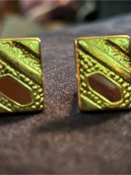 Gold-tone Textured Square cuff links  with Amber Inset