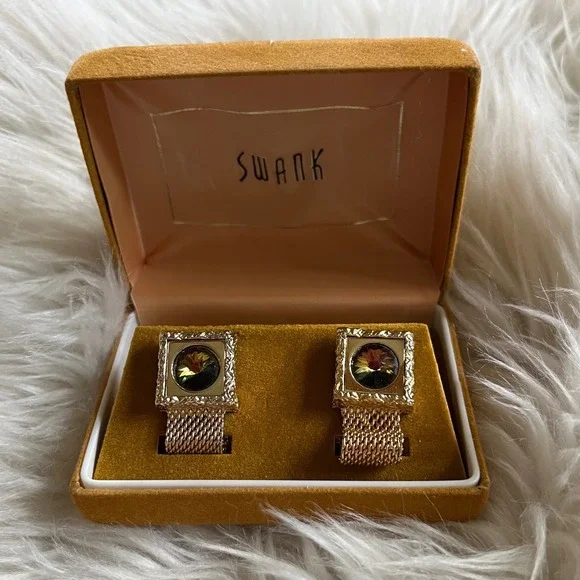 Vintage Swank Gold Tone Mesh Wrap Cufflinks Amber Crystal Square Textured Boxed
