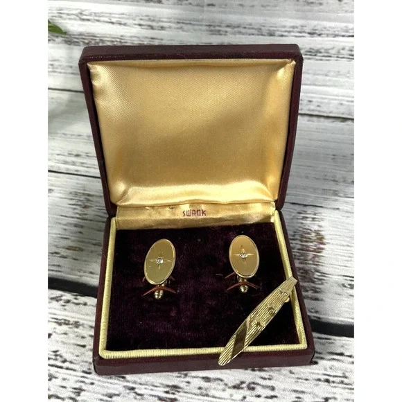 Swank Vintage Brushed Gold Faux Diamonds Mens Cufflinks & Tie Clip w/ Box
