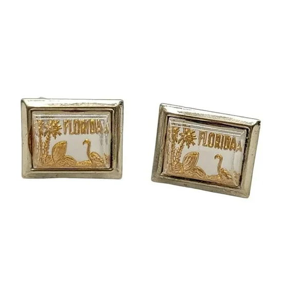 Florida Cufflinks State Lucite Plastic Cover Gift Souvenir MCM Gold Tone Vintage