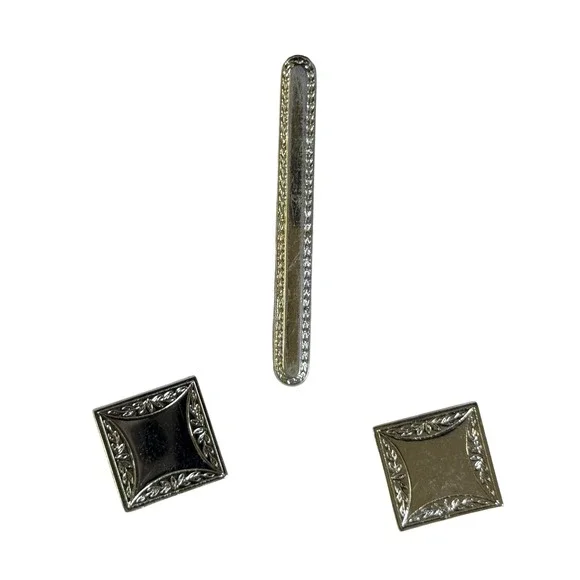Vintage Cufflinks Tie Clip‎ Set Silver Tone Square Design Elegant Formal