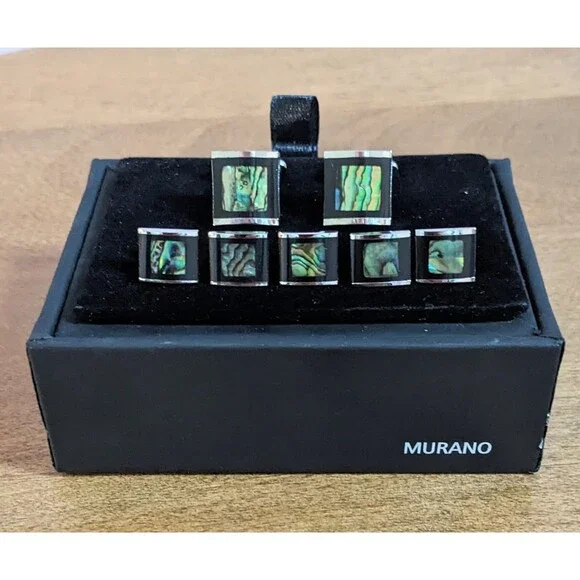 Murano Tuxedo Cufflink Stud Set Black Green Multicolor Design New in Display Box