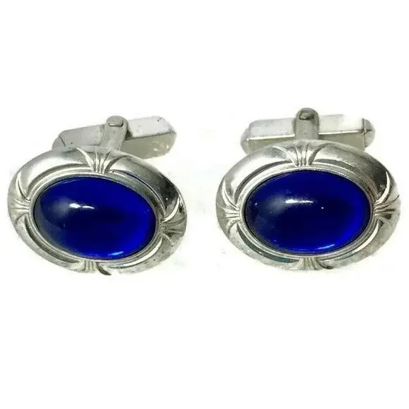 Anson‎ Cuff Links Oval Blue Stone Silvertone  Vintage Estate Jewelry Marked