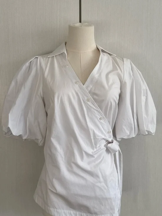 Anthropologie White Puff-Sleeve Wrap Blouse