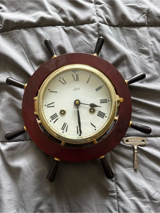 Vintage Schatz  Ship Wheel Clock in Brown and Gold with Roman Dial