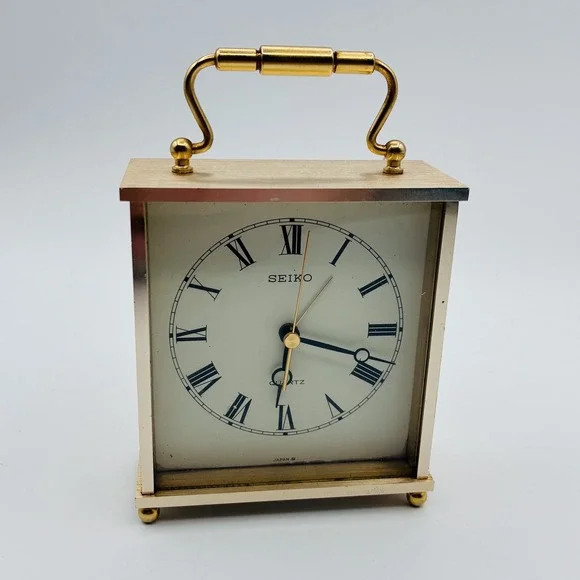 Vintage Seiko Quartz Carriage Alarm Clock Gold Tone Roman Numerals Japan Made