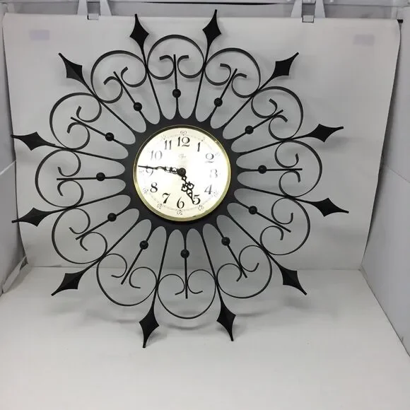 Elgin Mid Century Modern Black Wrought Iron Vintage Starburst Clock (working)