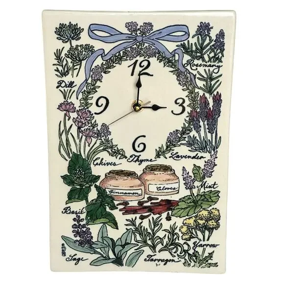 Vintage Santa Barbara Ceramic pottery wall clock TESTED herbs garden ribbon 12x8