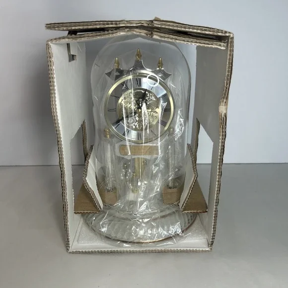 Danbury Clock Co. Pendulum Clock Gold Silver Crystal Base Glass Cover  Open Box