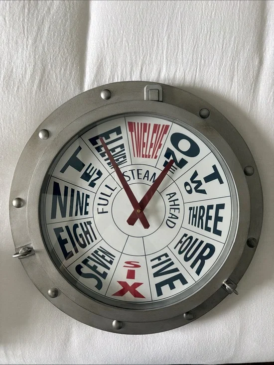Pottery Barn Kids Brushed Silver Clock with Red Hands and Red and Navy Numerals