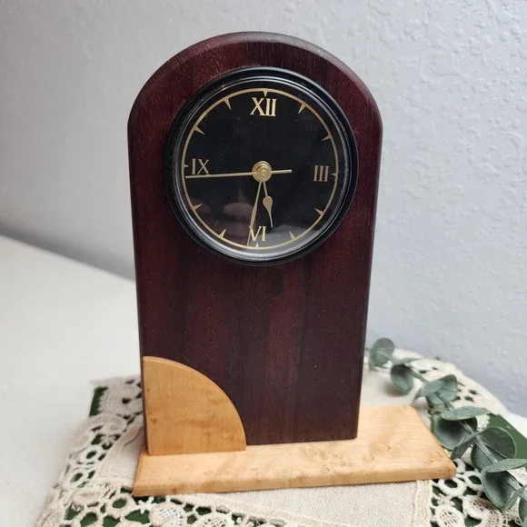 Vintage Wood Mantel Desk w/ Plastic‎ Clock Roman Numeral Face MCM Style Two Tone