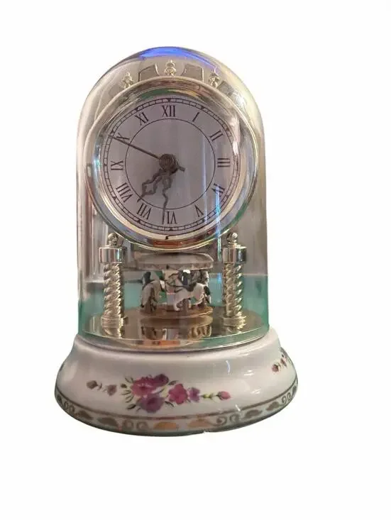 VINTAGE  MERRY-GO-ROUND CLOCK   UNDER PLASTIC DOME   HORSE CAROUSEL  CERAMIC BAS