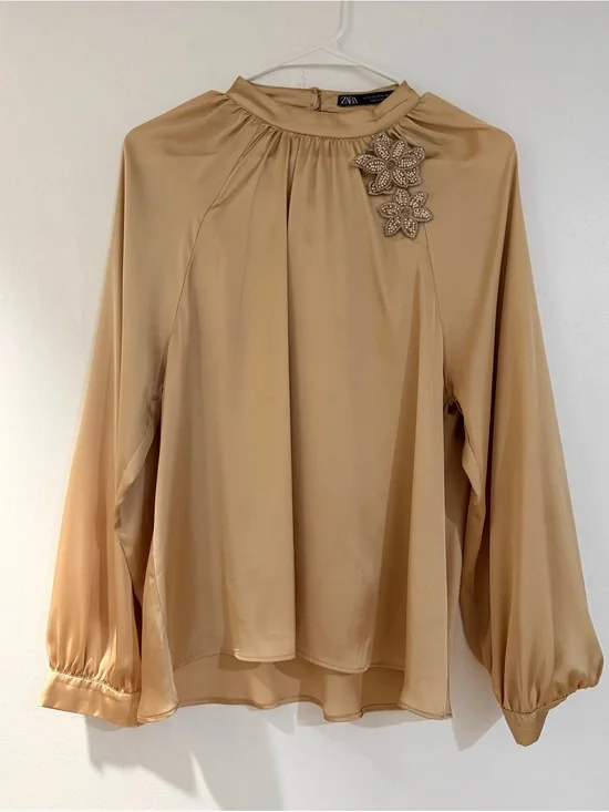 Zara Camel Beaded Floral High-Neck Blouse