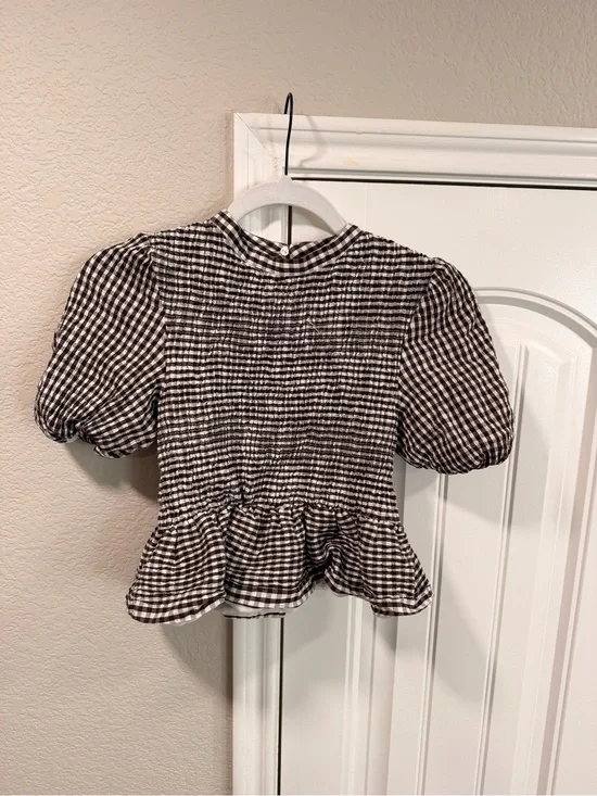 Brown & White Gingham Peplum Top Zara Japan