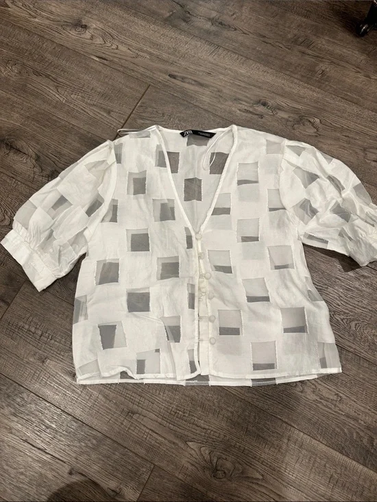 Zara White Sheer Square-Pattern Button-Up Blouse