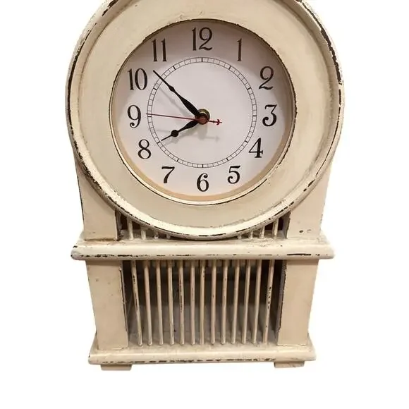 Vintage French Country-style Mantel Clock with A Distressed White Finish. Works
