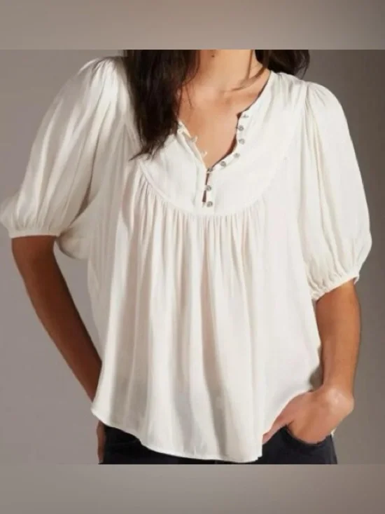 Anthropologie Cream Button-Front Peasant Blouse