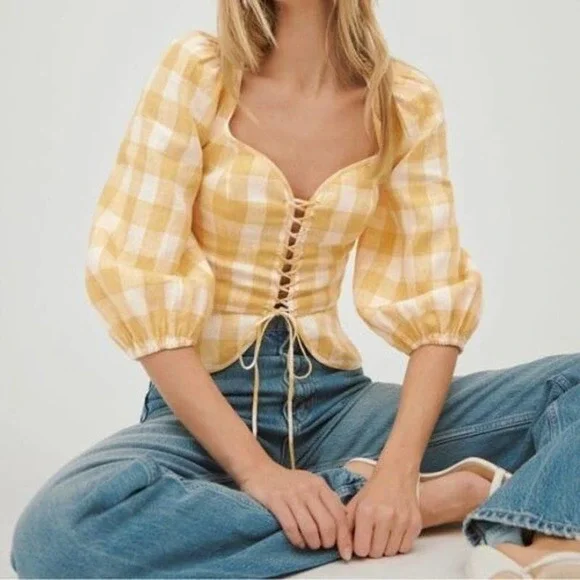Reformation Yellow and White Gingham Lace-Up Puff Sleeve Top