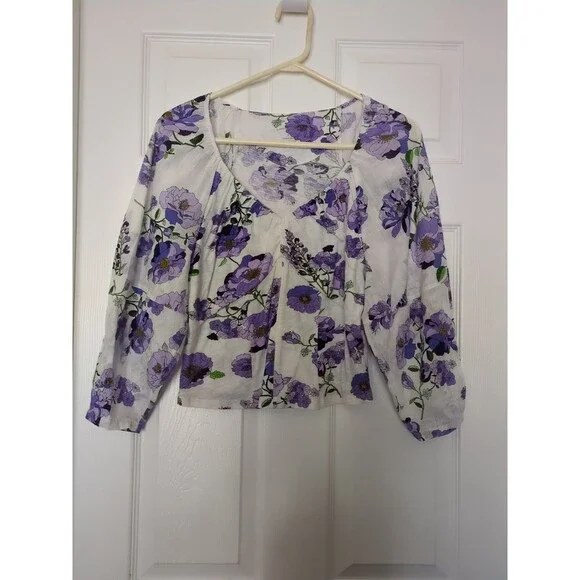 Anthropologie Top Large Womens White Floral Cotton Puff Sleeve Blouse
