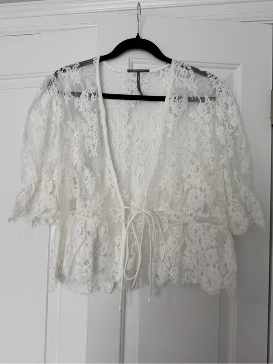 Anthropologie White Lace Tie-Front Top