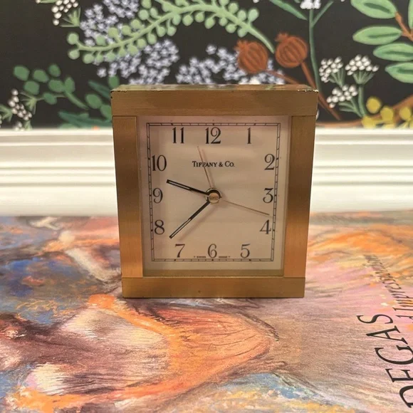 Tiffany & Co. Vintage Gold Square Brass Desk Clock with White Dial