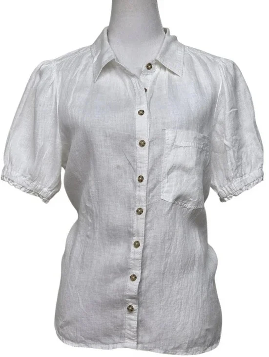 Pilcro Anthropologie White Linen Puff-Sleeve Button Front Blouse
