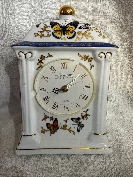 Formalities by Baum Bros White Butterfly Ceramic Mantel Clock missing face cover