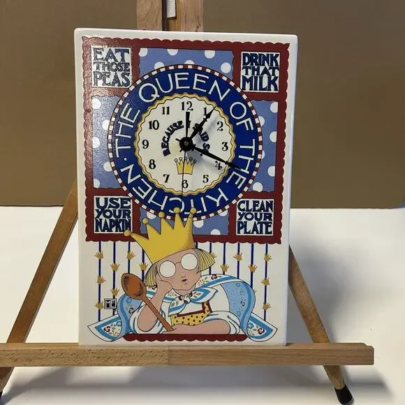 Vintage 1994 Mary Engelbreit Ceramic Tile Clock “The Queen Of The Kitchen”WORKS
