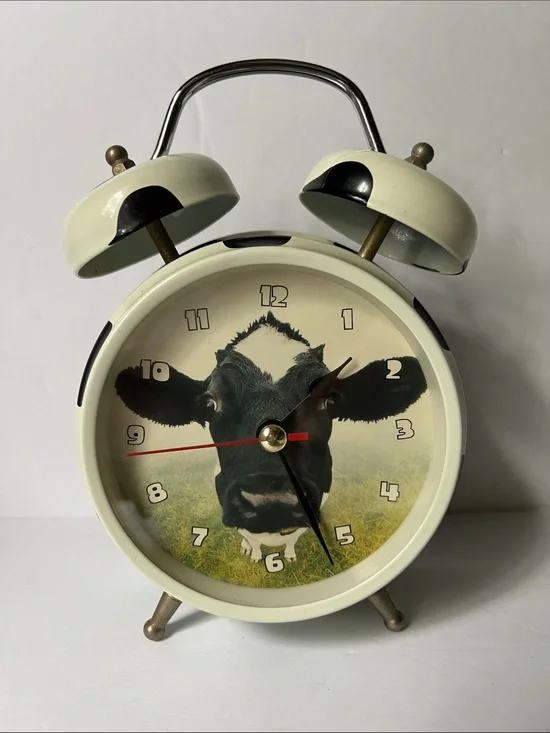 Cream Vintage-Style Cow Face Twin Bell Alarm Clock - Unbranded