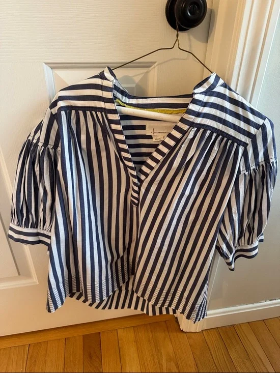 Anthropologie Navy and White Striped Puff-Sleeve Blouse
