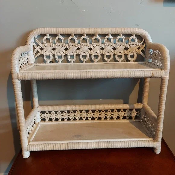 Vintage White Wicker Wall Shelf 2 Tier Rattan Braided Boho Decor 17.5in Wide