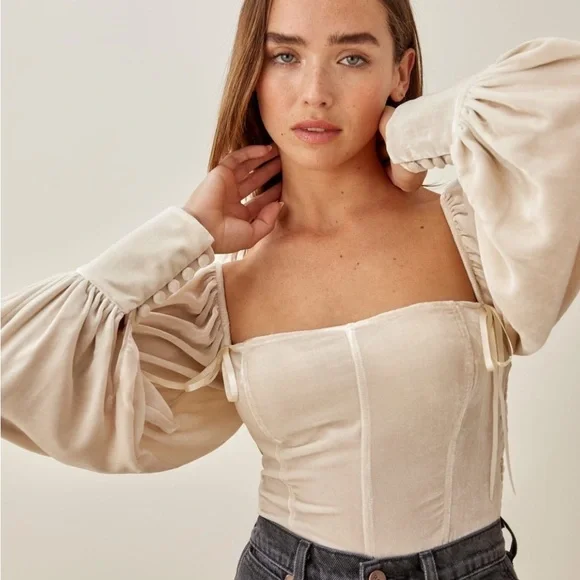 Reformation Julietta Cream Square-Neck Puff-Sleeve Velvet Corset Top