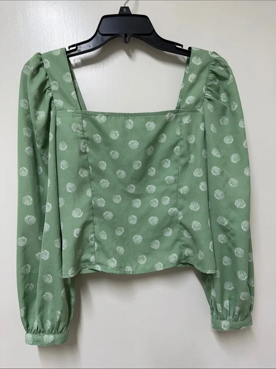 Zara Sage Green Polka Dot Square Neck Puff Sleeve Blouse
