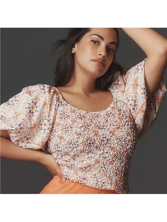 NWT Anthropologie Dolan smocked Smocked Puff-Sleeve Floral Crop Top