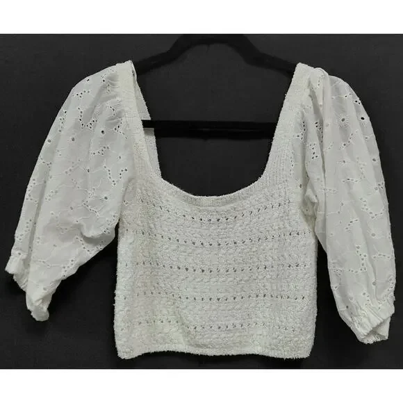 ZARA White Eyelet Puff Sleeve Top 3/4 Sleeve Square Neck Women Size S