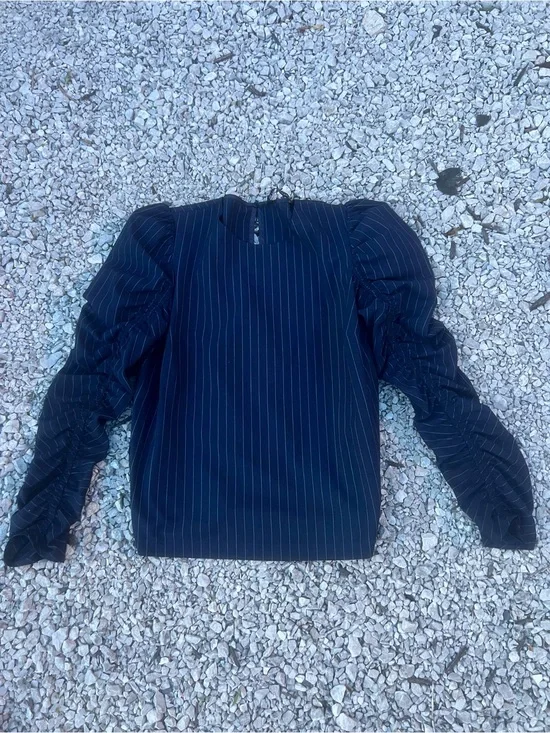 Zara Navy Pinstripe Puff Sleeve Top
