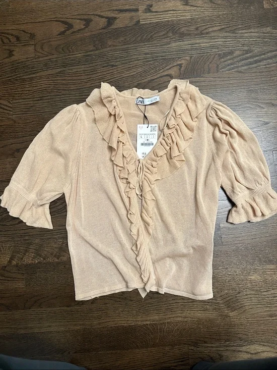 Zara Blush Ruffle V-Neck Knit Top