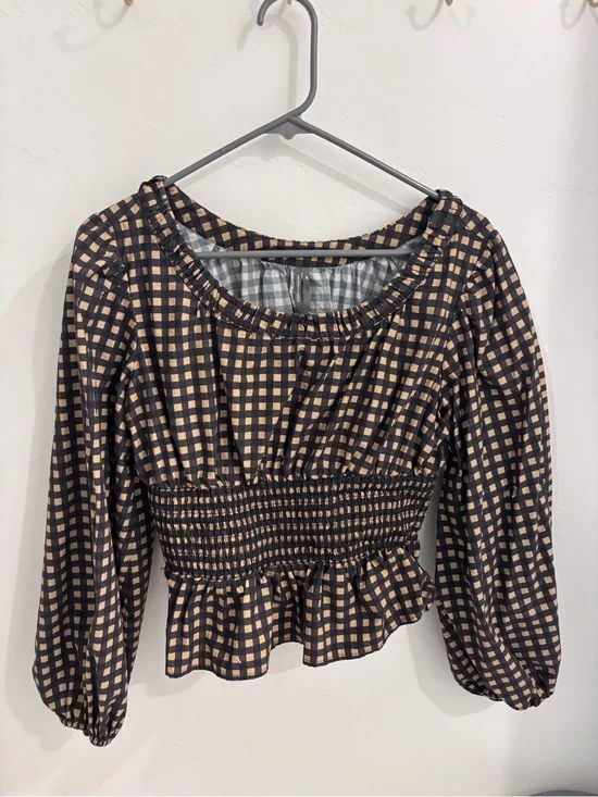 Anthropologie Smoked Waist Plaid Peasant Blouse - Black & Cream