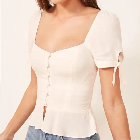 Dainty Creamy Reformation White Puff Sleeve Button Front Top XS