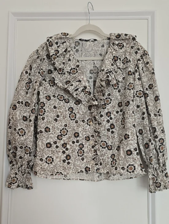 Zara Cream Floral Ruffle Blouse with Brown Accents