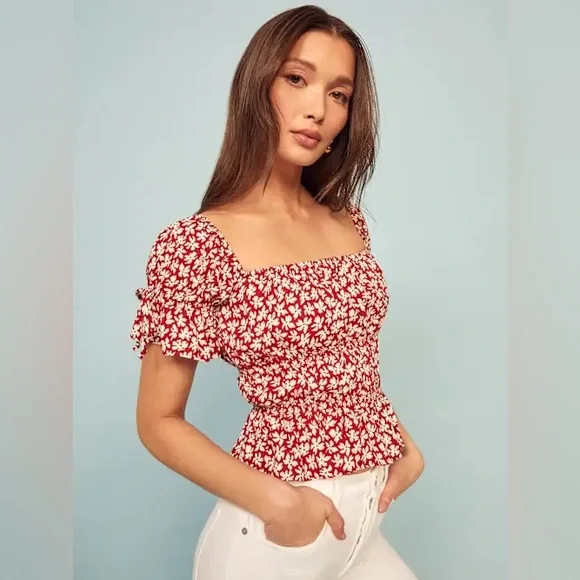 Reformation Red Floral Smocked Peplum Top