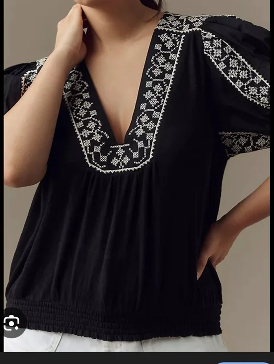 Black Embroidered V-Neck Women's Top Puff Sleve Large Anthropologie Top Nwt