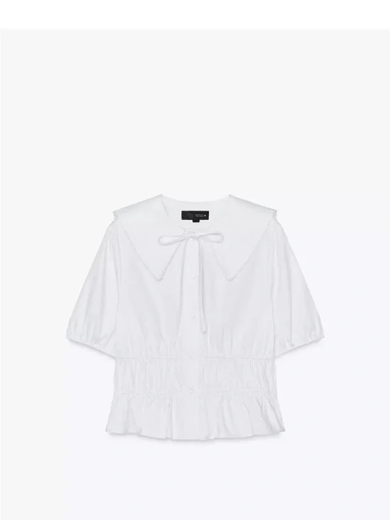 Zara White Cotton Tie-Neck Peplum Blouse