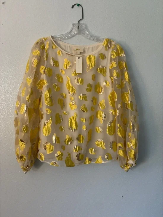 Anthropologie Sheer Cream Blouse with Metallic Gold Spots