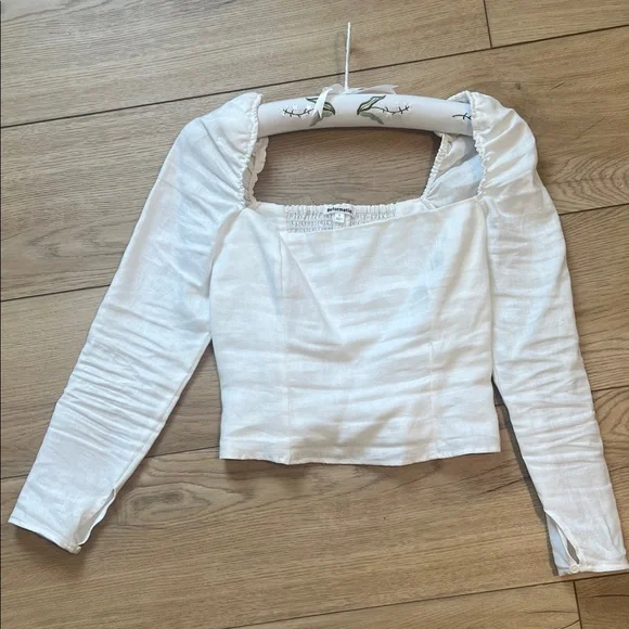 Reformation White Square-Neck Long Sleeve Crop Blouse